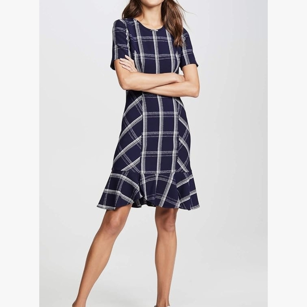 Shoshanna Layton Mini Dress In Navy/Optic 6 Plaid Grid Print Ruffle Hem